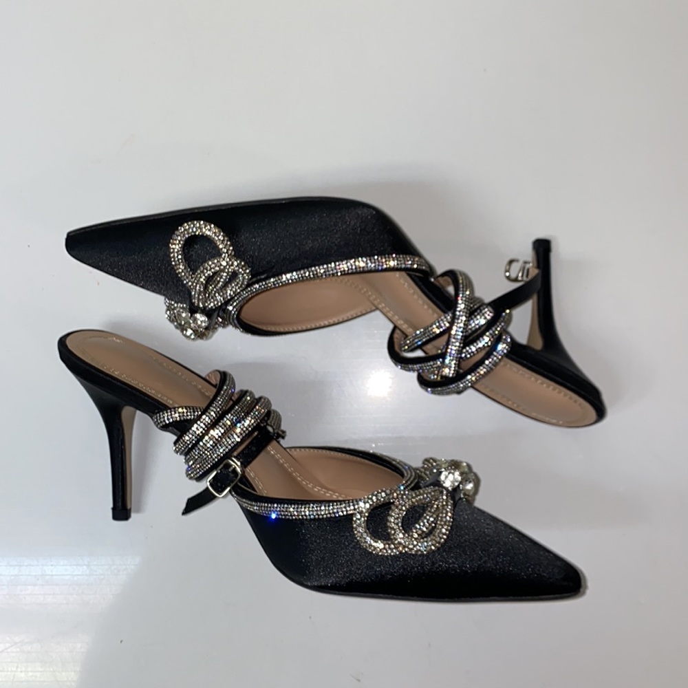 Black Jeweled Ankle Tie Heels